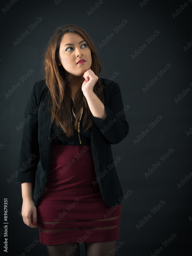 Beautiful woman doing different expressions in different sets of clothes: thinking