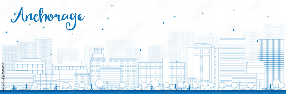 Fototapeta premium Outline Anchorage (Alaska) Skyline with Blue Buildings
