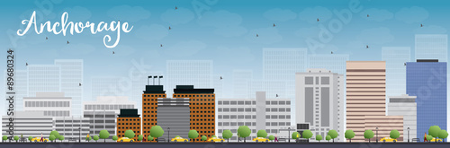 Anchorage (Alaska) Skyline with Grey Buildings and Blue Sky.