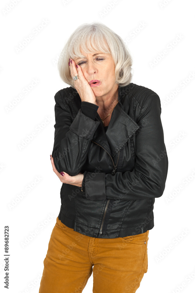 Beautiful woman doing different expressions in different sets of clothes: toothache Beautiful woman doing different expressions in different sets of clothes: toothache