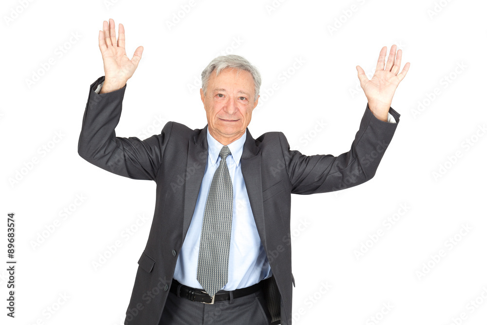 Handsome man doing different expressions in different sets of clothes: arms raised Handsome man doing different expressions in different sets of clothes: arms raised