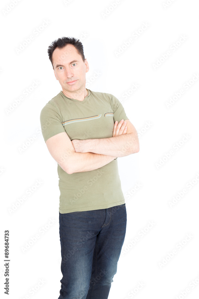 Handsome man doing different expressions in different sets of clothes: arms crossed