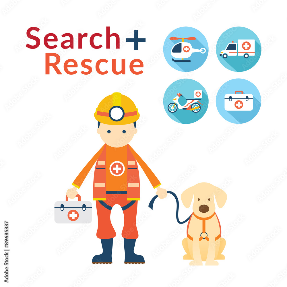 Rescuer with Dog, Search and Rescue Icons, Emergency, First Aid, Vehicle and Equipment