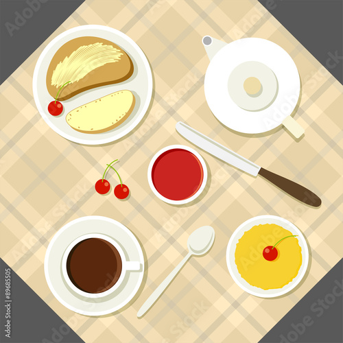 Vector breakfast illustration with fresh food and drinks in flat
