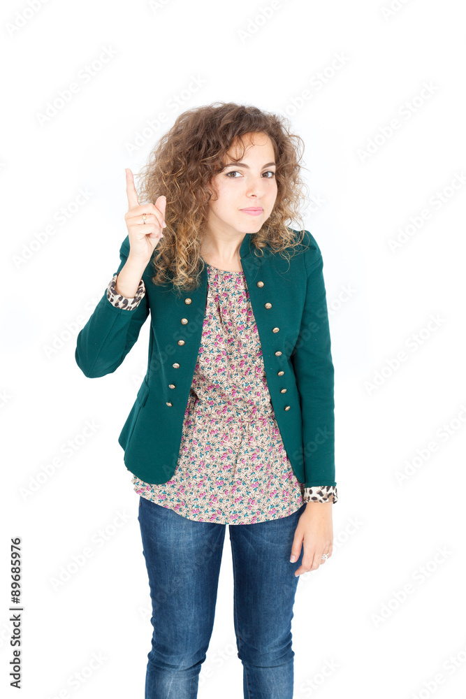Beautiful Hispanic woman doing different expressions in different sets of clothes: warning sign Beautiful Hispanic woman doing different expressions in different sets of clothes: warning sign