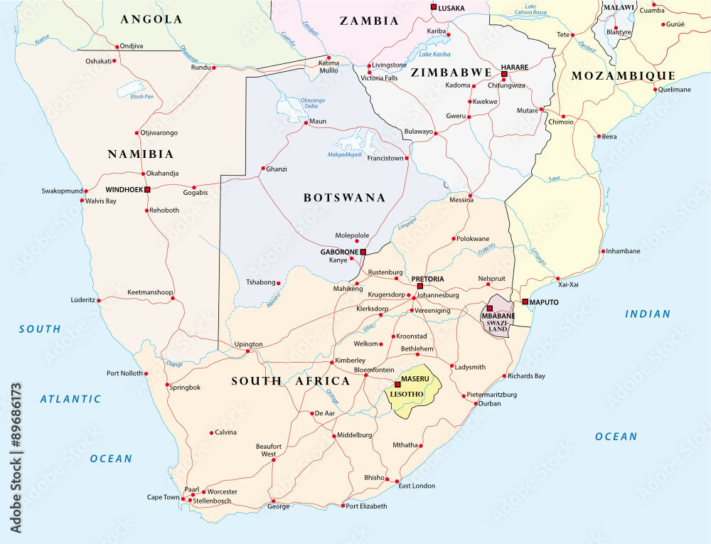 road map of Southern Africa
