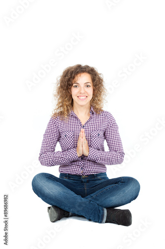 Beautiful Hispanic woman doing different expressions in different sets of clothes: yoga