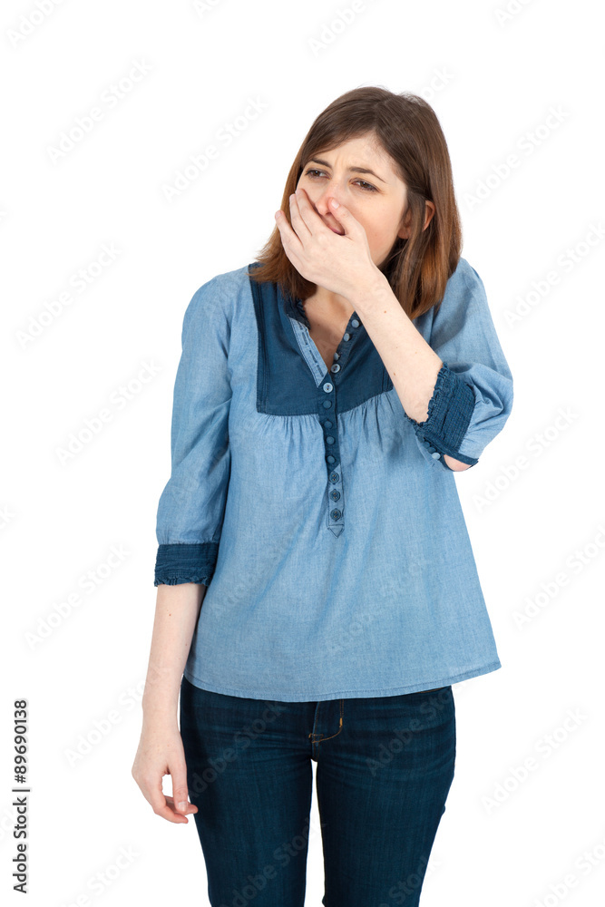 Fototapeta premium Beautiful woman doing different expressions in different sets of clothes: yawning