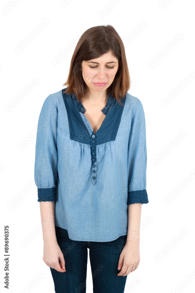 Beautiful woman doing different expressions in different sets of clothes: sad Beautiful woman doing different expressions in different sets of clothes: sad