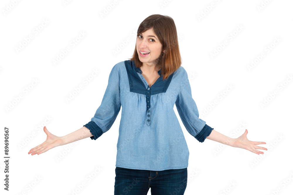 Beautiful woman doing different expressions in different sets of clothes: surprise