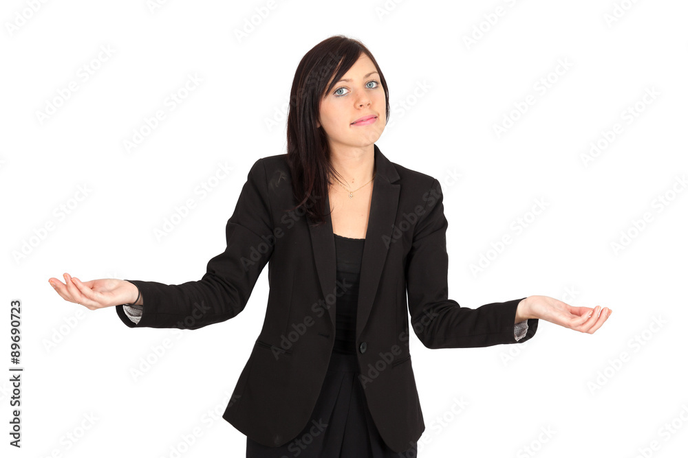 Beautiful woman doing different expressions in different sets of clothes: welcome Beautiful woman doing different expressions in different sets of clothes: welcome