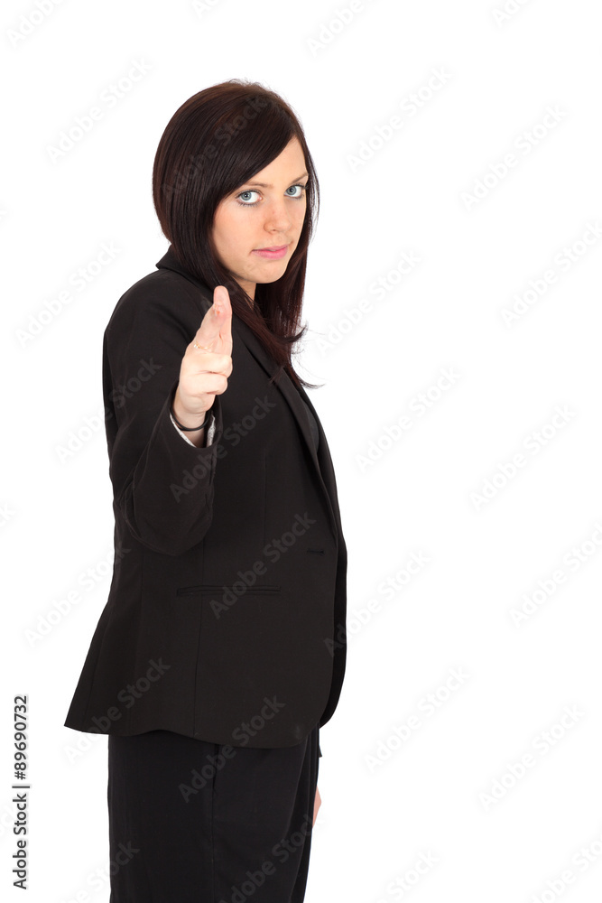 Beautiful woman doing different expressions in different sets of clothes: gun sign Beautiful woman doing different expressions in different sets of clothes: gun sign
