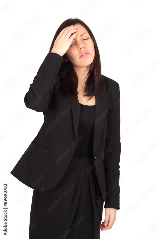 Beautiful woman doing different expressions in different sets of clothes: headache Beautiful woman doing different expressions in different sets of clothes: headache