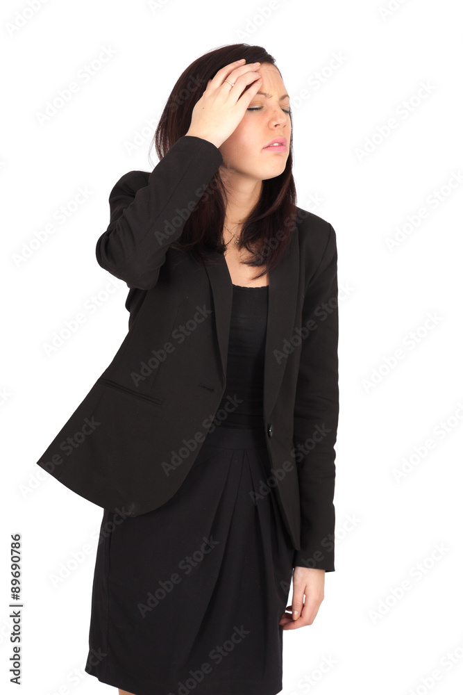 Beautiful woman doing different expressions in different sets of clothes: headache Beautiful woman doing different expressions in different sets of clothes: headache