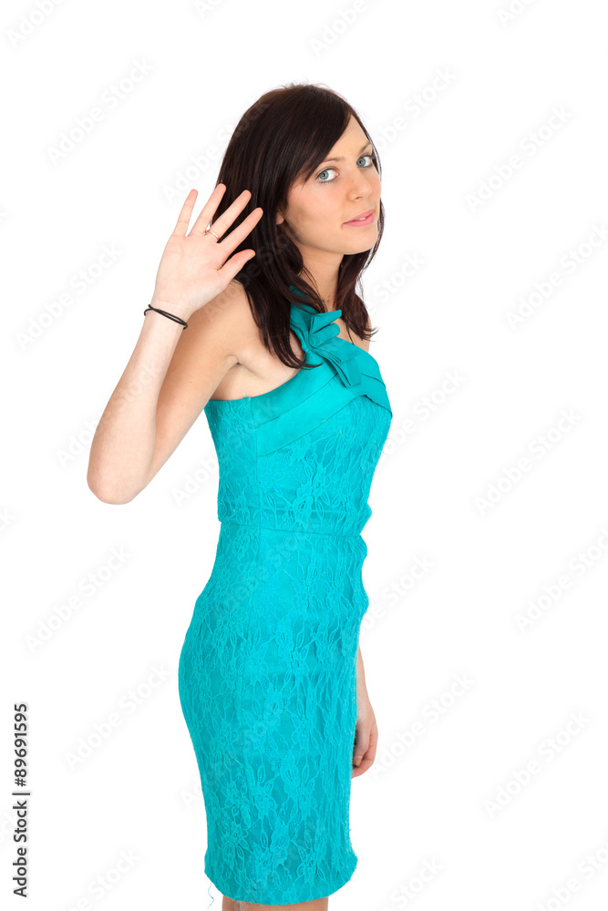 Beautiful woman doing different expressions in different sets of clothes: waving
