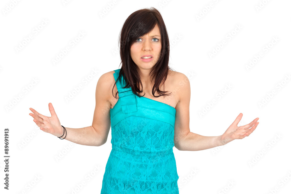 Beautiful woman doing different expressions in different sets of clothes: angry