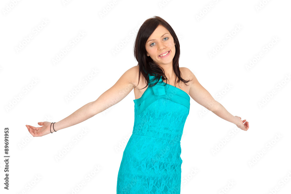 Beautiful woman doing different expressions in different sets of clothes: joy