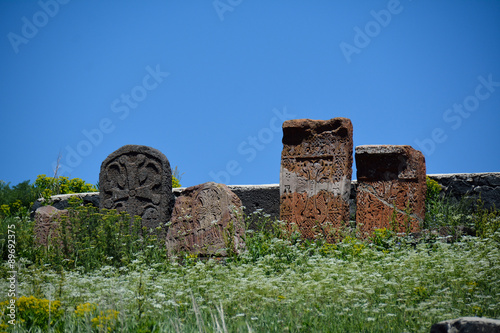 Khachkar stones in Sevanavank monastery photo