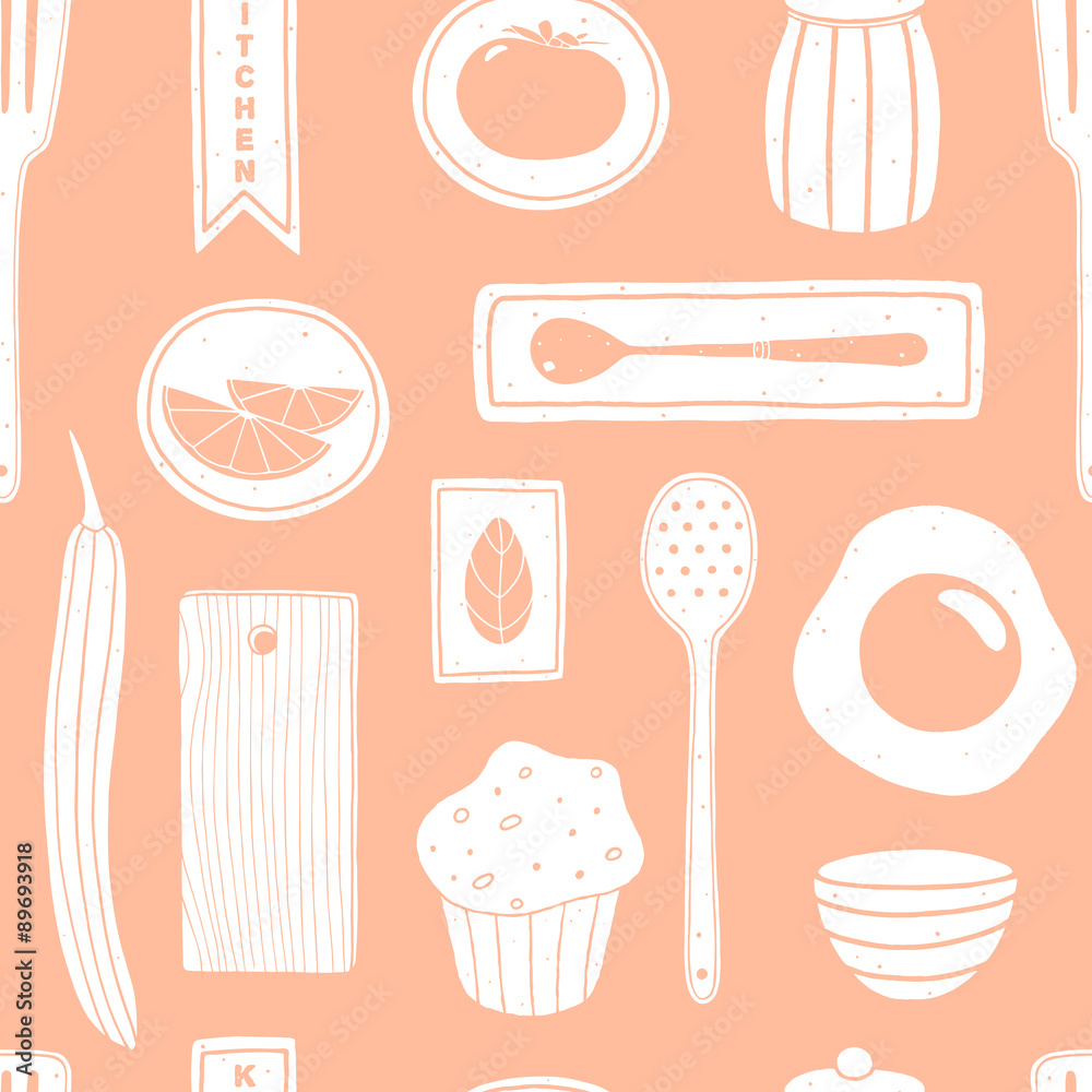 Pink seamless pattern with food and cooking tools. Illustrated vector background for kitchen and cafe. Fabric and paper napkins design 