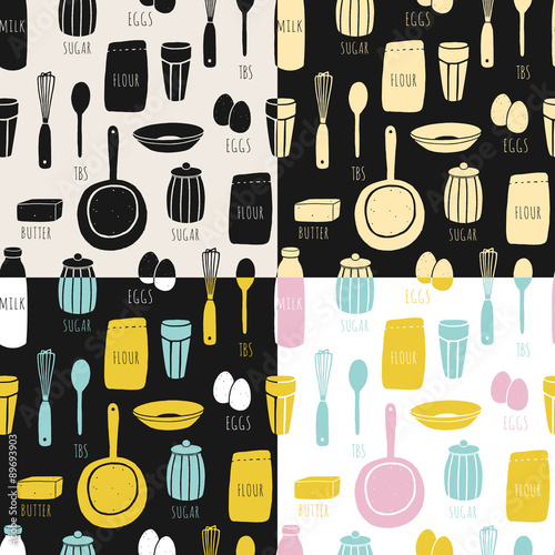Vector seamless cooking pattern in 4 color choices. Set of doodle backgrounds for kitchen and cafe, Pattern is cropped with clipping mask so you can release it and easily edit