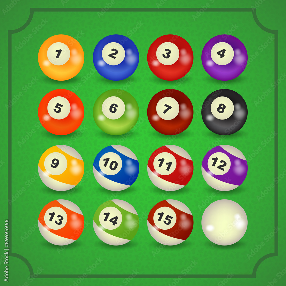 set of billiard balls, billiards, American set of billiard balls, billiards, American
