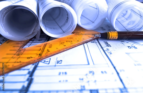Architecture rolls architectural plans project architect blueprints real estate concept