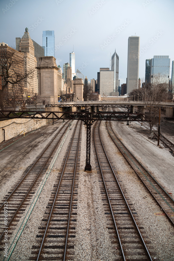 Train Tracks Downtown City Skyline Chicago Metro