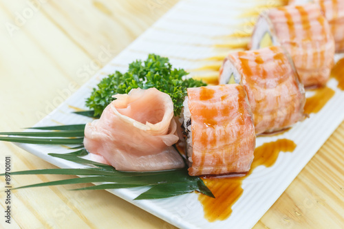Traditional japanese food, Salmon sushi roll maki