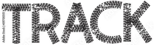Track text with the letters made from motorcycle tire tracks, isolated on white