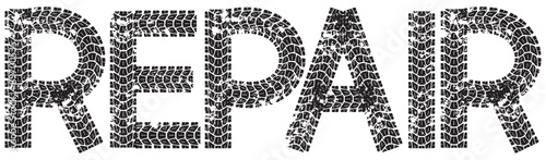 Repair text with the letters made from motorcycle tire tracks, isolated on white