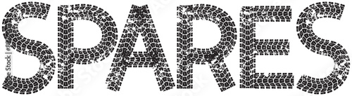 Spares text with the letters made from motorcycle tire tracks, isolated on white