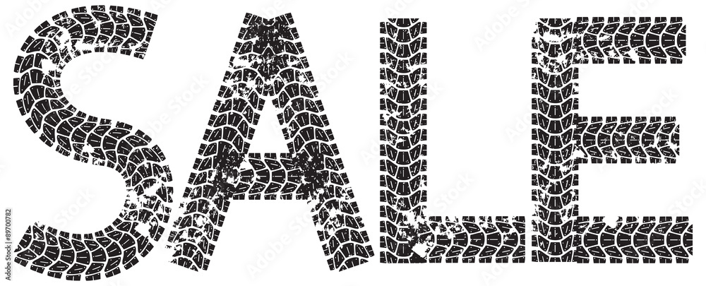 Sale text with the letters made from motorcycle tire tracks, isolated on white Sale text with the letters made from motorcycle tire tracks, isolated on white