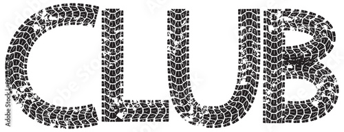 Club text with the letters made from motorcycle tire tracks, isolated on white