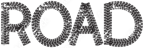 Road text with the letters made from motorcycle tire tracks, isolated on white