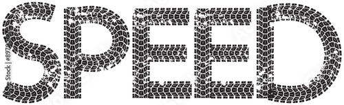 Speed text with the letters made from motorcycle tire tracks, isolated on white