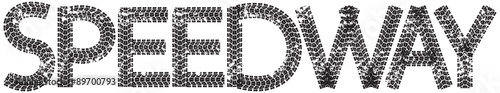 Speedway text with the letters made from motorcycle tire tracks, isolated on white