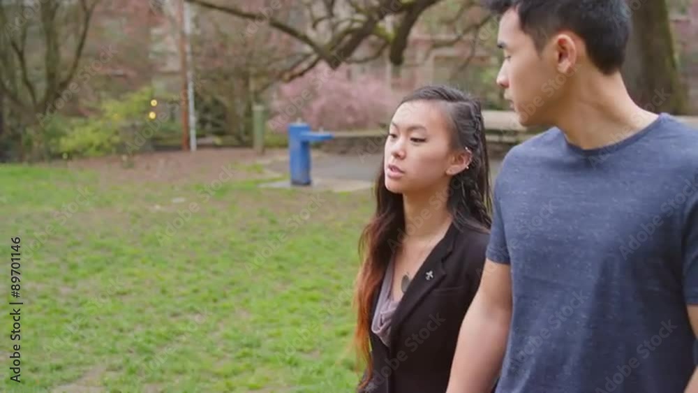 A young couple holding hands and walking in the park A young couple holding hands and walking in the park
