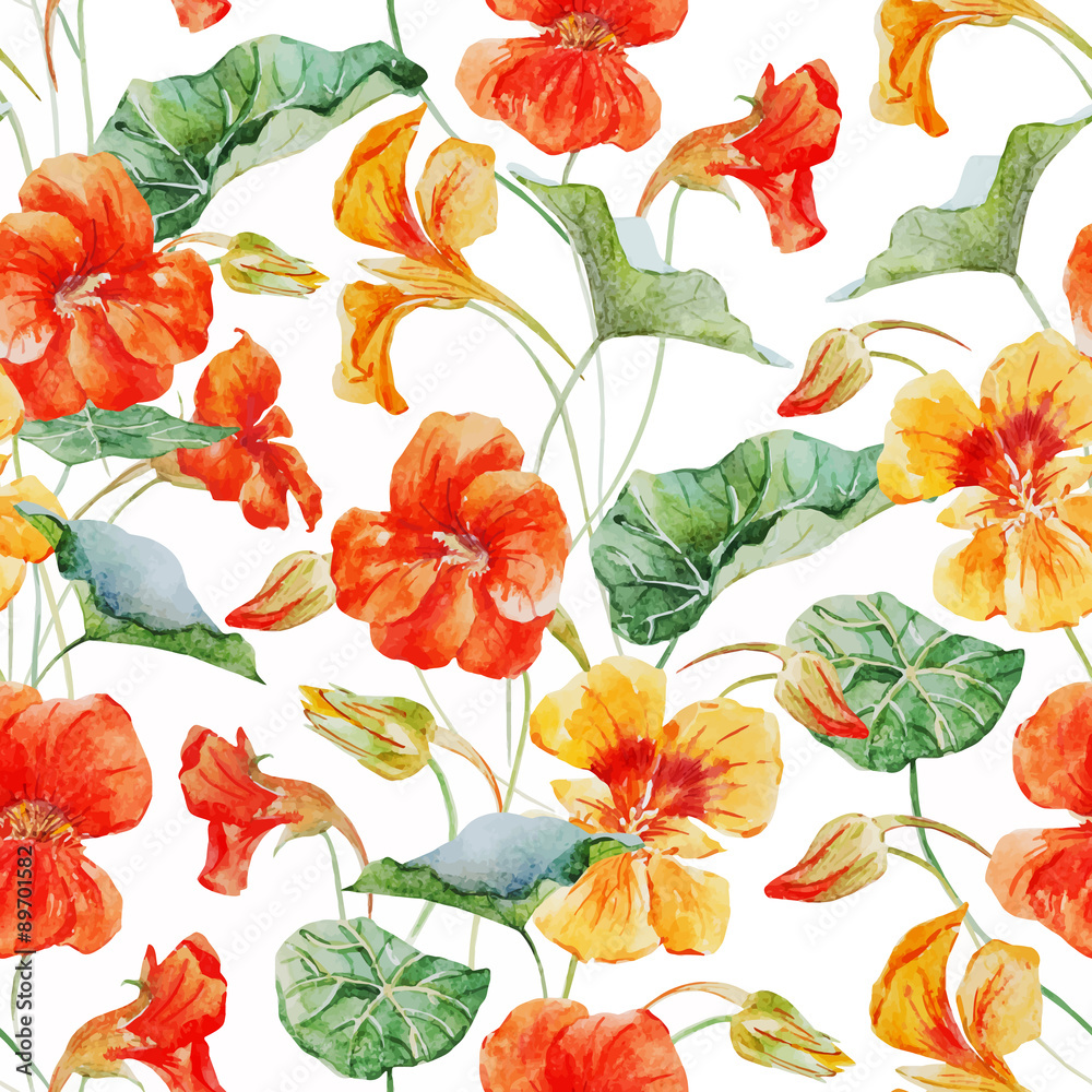 Watercolor nasturtium flower pattern
