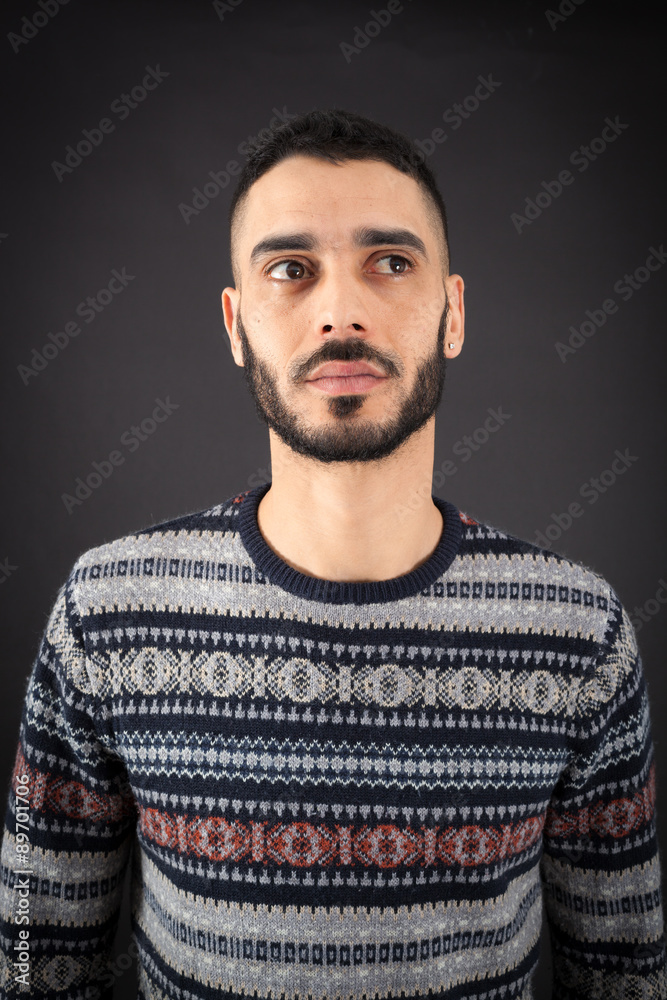 Handsome man doing different expressions in different sets of clothes: thinking Handsome man doing different expressions in different sets of clothes: thinking