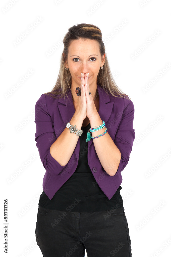 Beautiful woman doing different expressions in different sets of clothes: praying Beautiful woman doing different expressions in different sets of clothes: praying