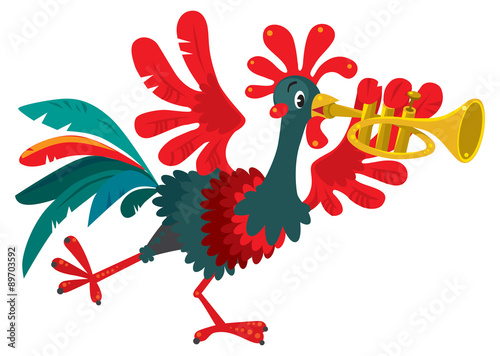 Funny rooster plays the trumpet