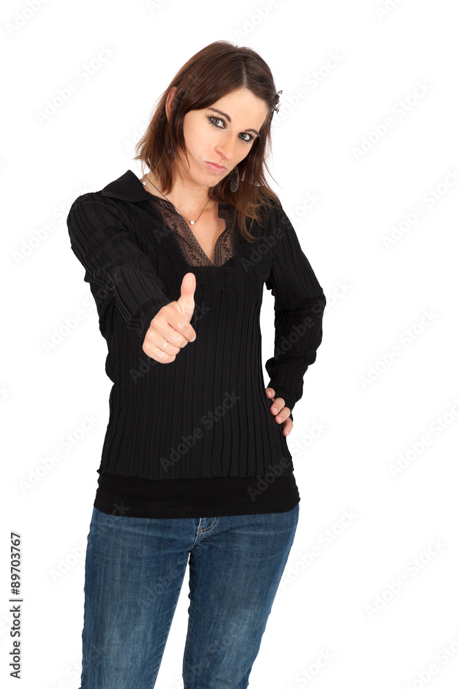 Obraz premium Beautiful woman doing different expressions in different sets of clothes: thumbs up