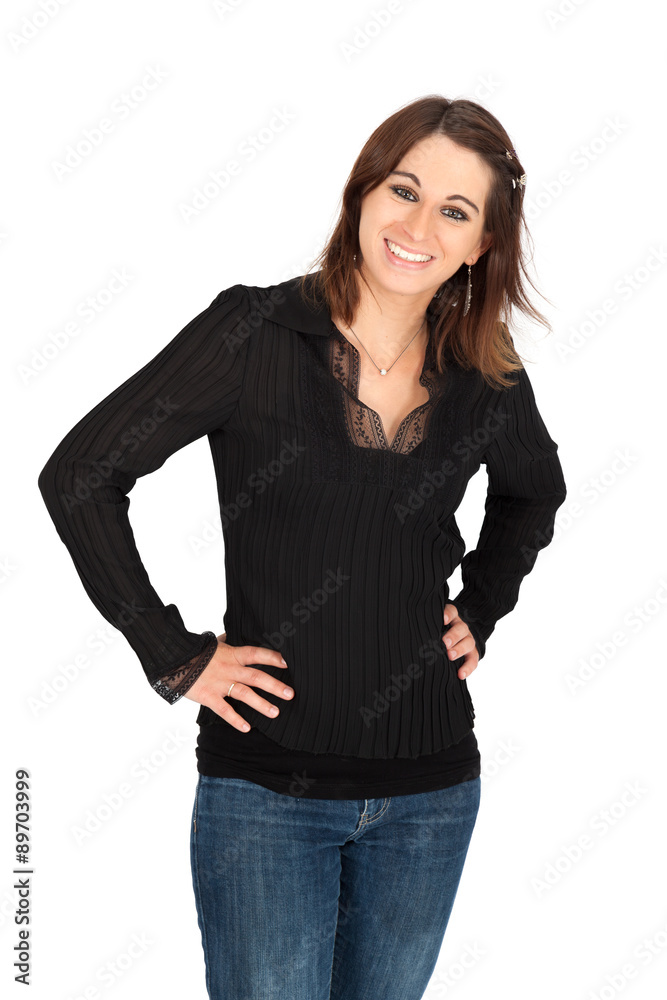 Obraz premium Beautiful woman doing different expressions in different sets of clothes: surprise