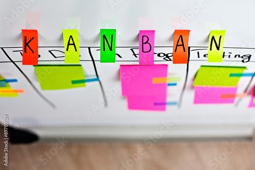 Image of inscription kanban tool colored stickers on a white board. Kan ban system as an example for a modern project management methodology. photo