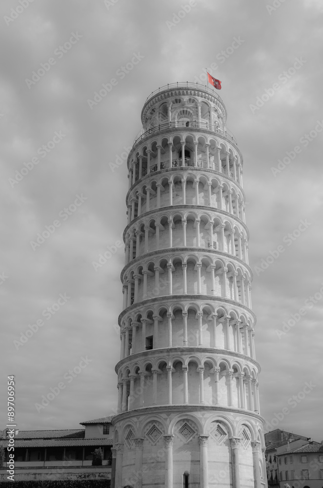 Leaning tower of Pisa in Italy in black and white
