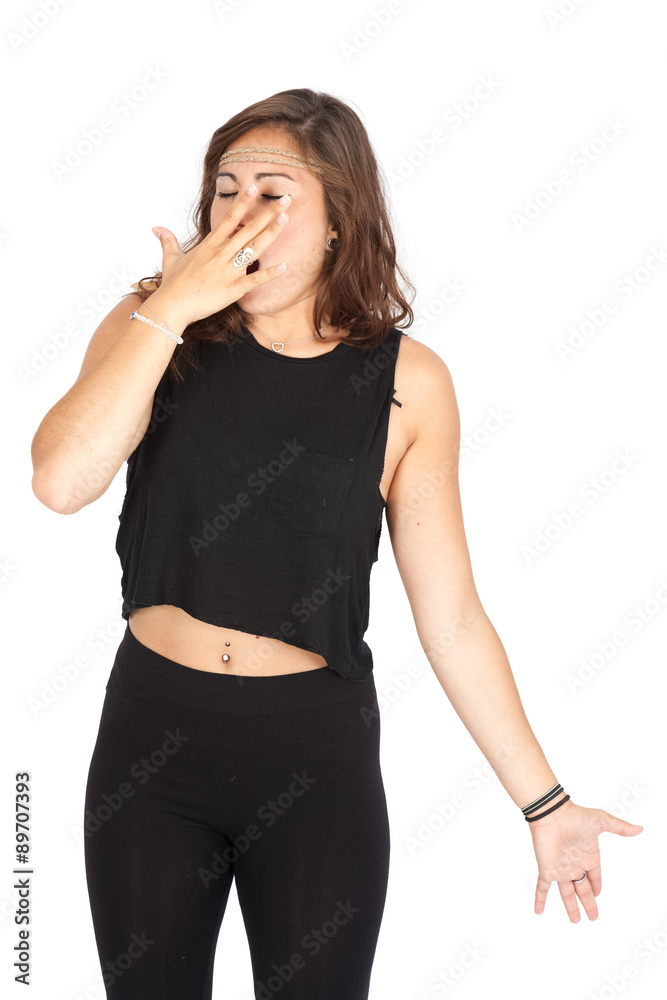 Beautiful woman doing different expressions in different sets of clothes: yawning Beautiful woman doing different expressions in different sets of clothes: yawning