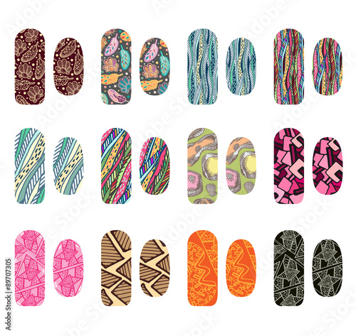 Colorful Modern Nail Art Designs isolated on white background, vector illustration