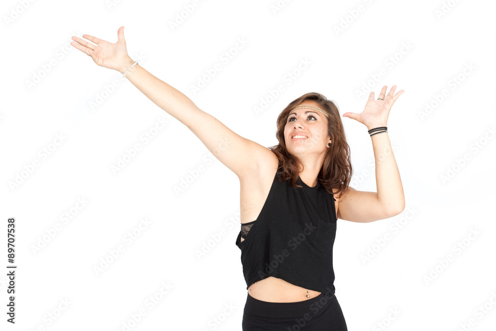 Beautiful woman doing different expressions in different sets of clothes: joy Beautiful woman doing different expressions in different sets of clothes: joy