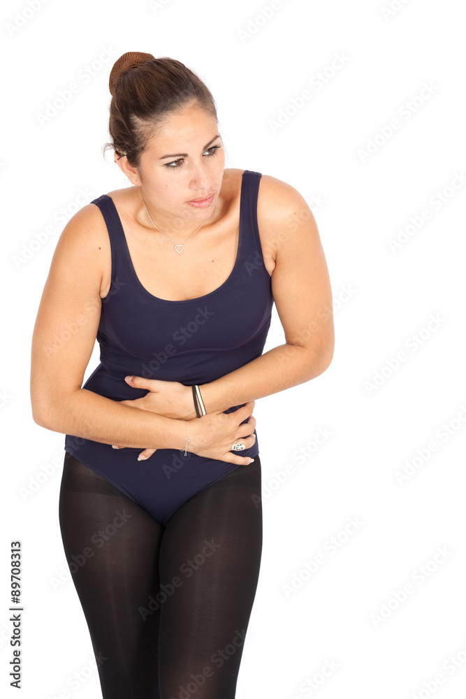 Beautiful woman doing different expressions in different sets of clothes: stomachache