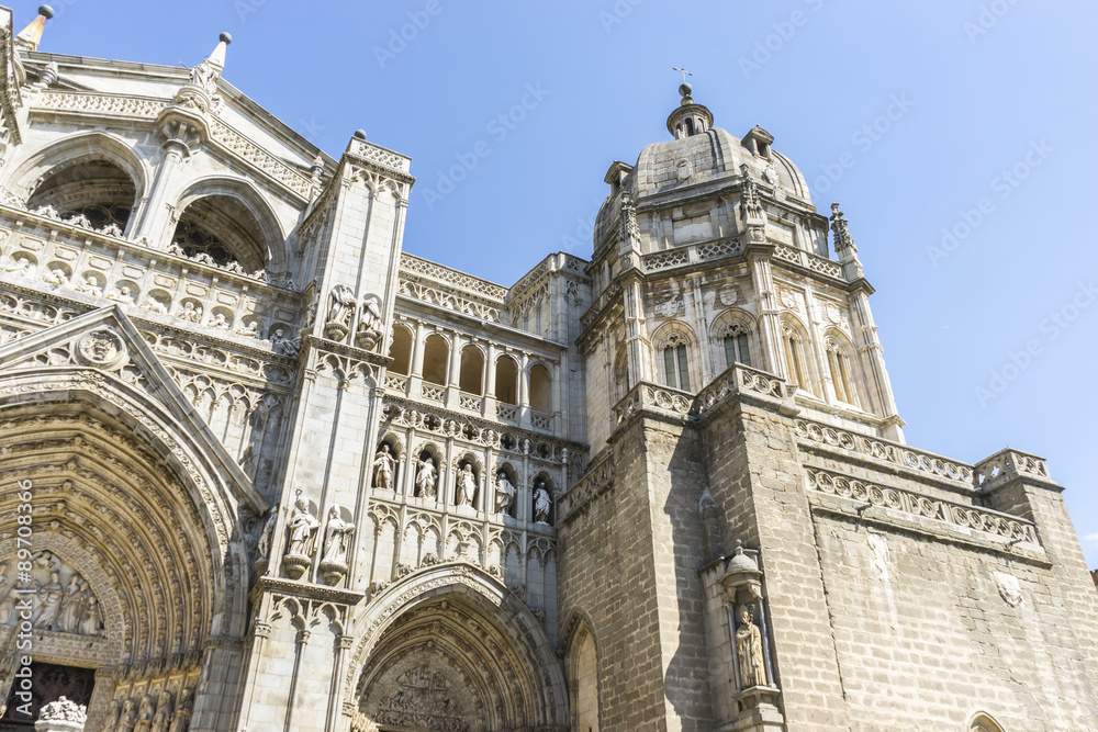 Gothic, majestic facade of the cathedral of Toledo in Spain, bea